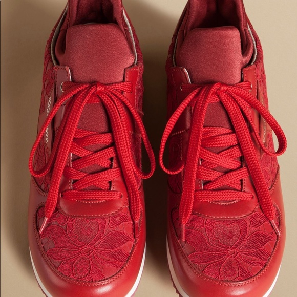 Dolce & Gabbana Red Floral Lace Leather Sneakers - Picture 6 of 7